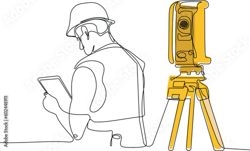 Close up of Caucasian worker with helmet on head using tablet for work while standing in warehouse. Surveyor with a tripod icon. Geodesic tripod. Vector illustration