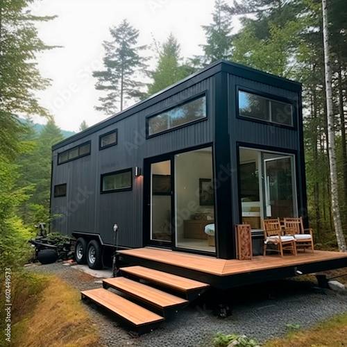 A black tiny house sits in a forest with a deck and a large sliding door.