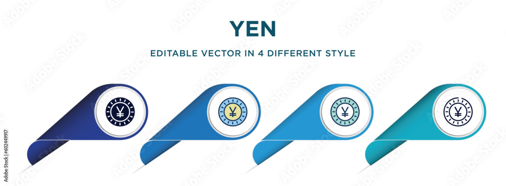 yen icon in 4 different styles such as filled, color, glyph, colorful, lineal color. set of vector for web, mobile, ui