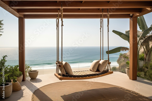 Luxury house with veranda with hanging swing with beach view. Generative ai © MVProductions