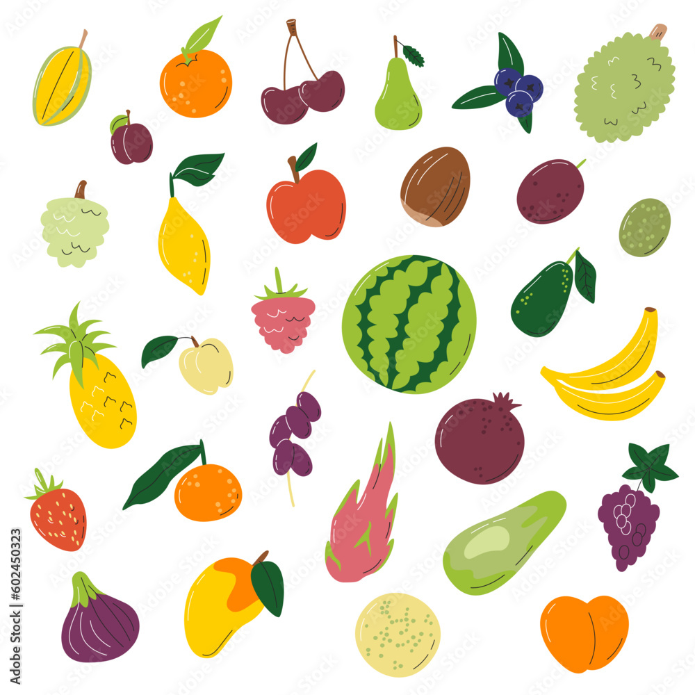 Hand drawn fruit collection. Ripe sweet food set. Natural organic tropical exotic products. Realistic doodle drawings of most popular fruits. Fruity season flat vector illustration isolated on white Hand drawn fruit collection. Ripe sweet food set. Natural organic tropical exotic products. Realistic doodle drawings of most popular fruits. Fruity season flat vector illustration isolated on white