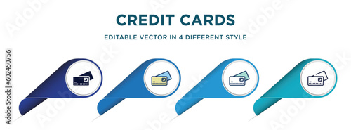 credit cards icon in 4 different styles such as filled, color, glyph, colorful, lineal color. set of vector for web, mobile, ui
