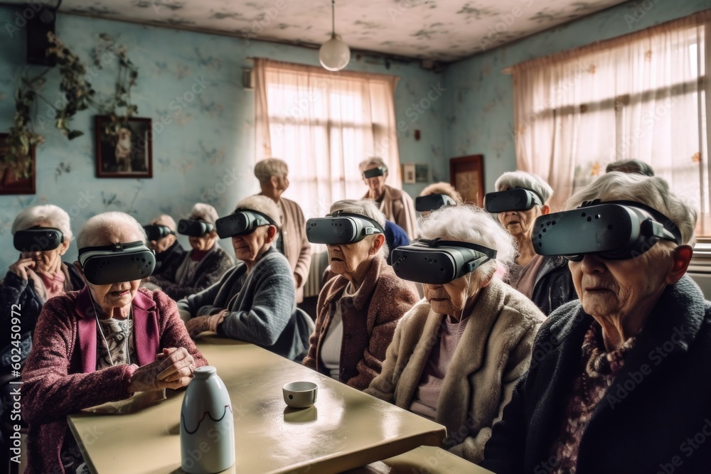 Pensioners in virtual reality glasses. VR concept. AI generated, human enhanced