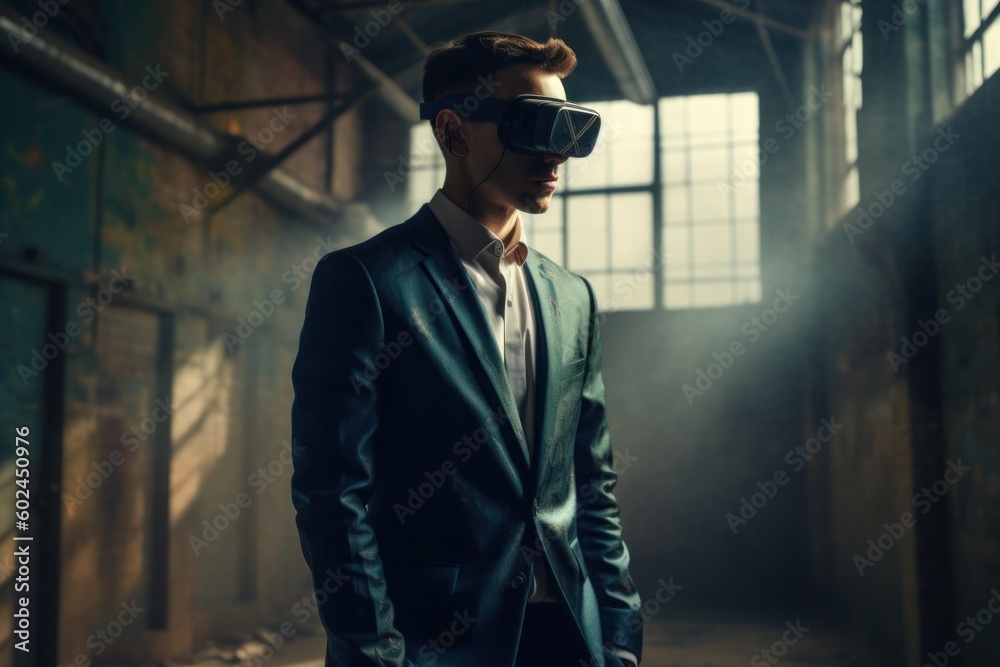 Male businessman wearing virtual reality glasses. VR concept. AI generated, human enhanced Male businessman wearing virtual reality glasses. VR concept. AI generated, human enhanced