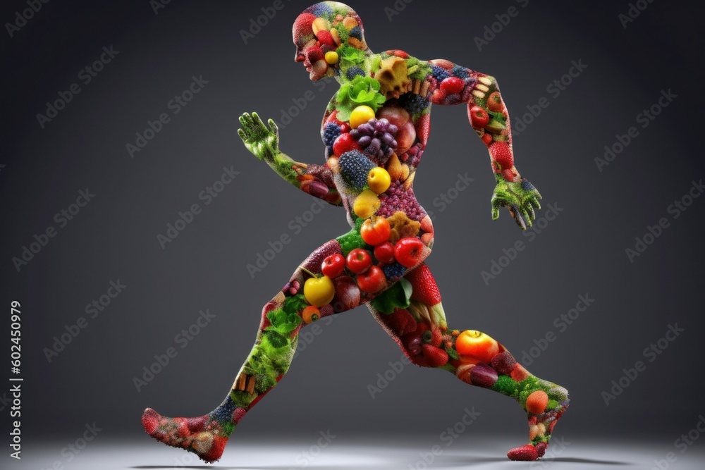 Silhouette of a man from fruits and vegetables. Energy concept for vegetarians. AI generated, human enhanced Silhouette of a man from fruits and vegetables. Energy concept for vegetarians. AI generated, human enhanced
