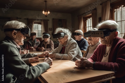 Pensioners in virtual reality glasses. VR concept. AI generated, human enhanced
