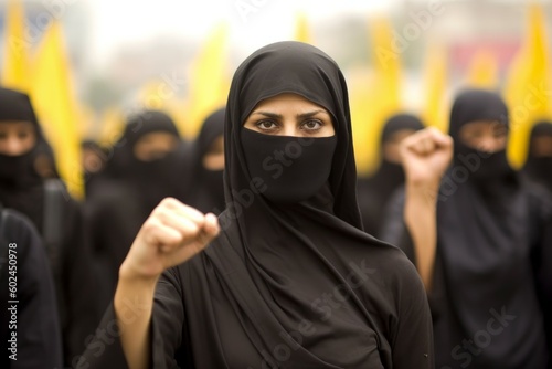 Arab woman protesting at a social rally. AI generated, human enhanced