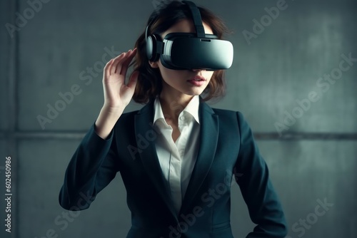 Business woman wearing virtual reality glasses. VR concept. AI generated, human enhanced