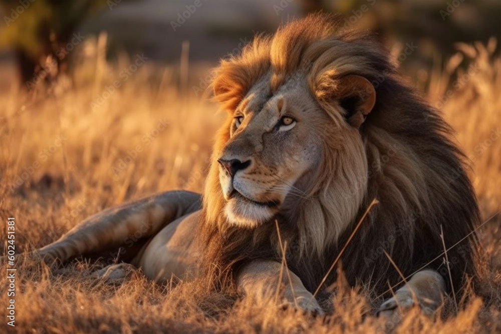 Majestic lion resting in the grassland made with generative ai