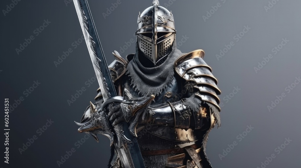 Knight with black armor holding sword. Generative AI.