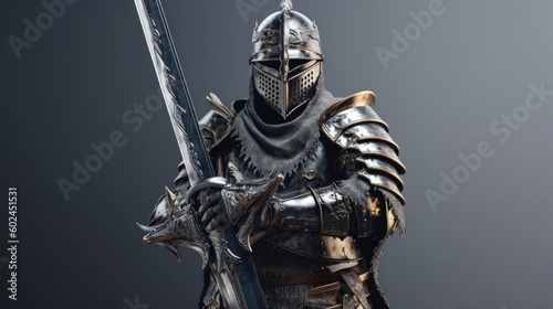 Knight with black armor holding sword. Generative AI.