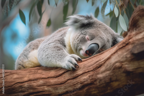 Serene shot of a koala sleeping in a eucalyptus tree made with generative ai