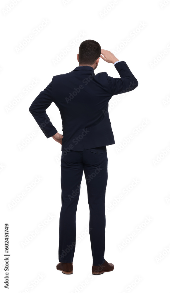 Businessman in suit on white background, back view Businessman in suit on white background, back view