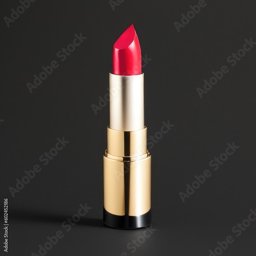Female red/pink lipstick on gray background. Generative AI
