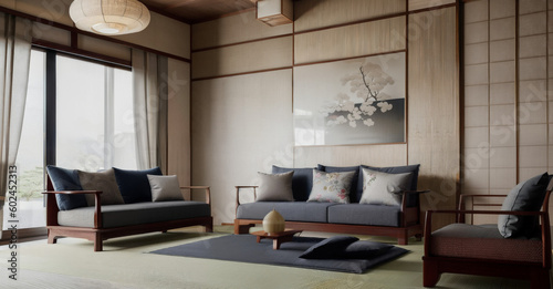 Interior design of a living room in Japandi interior design style with comfortable sofa, coffee table, armchair, and rug   Generative Ai   Indoor décor   Japanese furniture © MuhammadAns