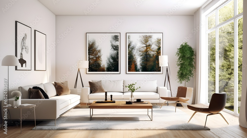 Fototapeta premium Modern living room with large french windows