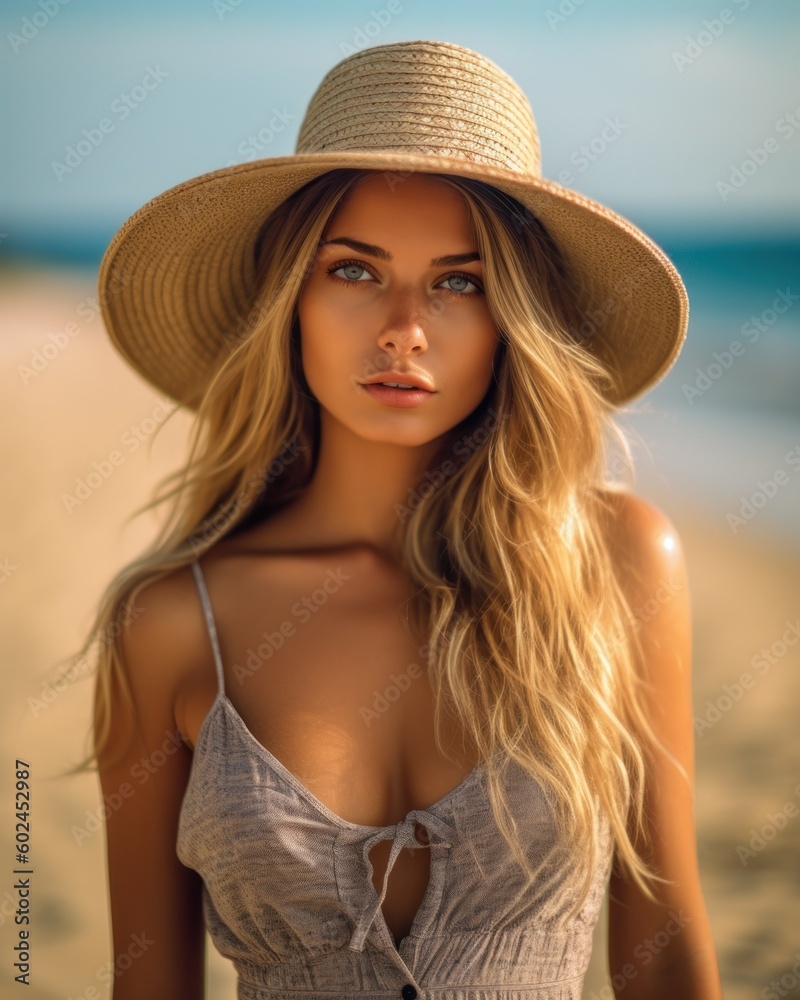 Young and pretty woman wearing colorful clothes, portrait at the beach. Generative AI illustration.