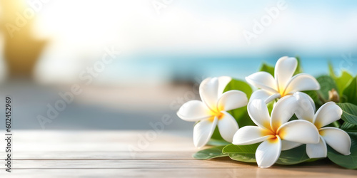 A wooden table with white frangipani flowers on the right and copy space on the left. Banner with negative space on the theme of vacation, spa, yoga and wellness.