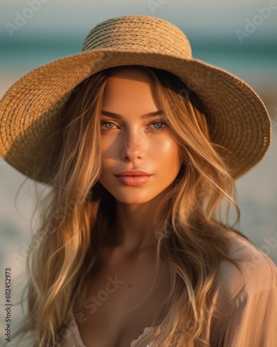 Young and pretty woman wearing colorful clothes, portrait at the beach. Generative AI illustration.