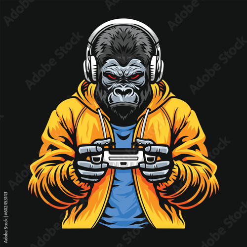 A gorilla wearing hoodie and headphone holding a joystick or game pad or gaming controller
