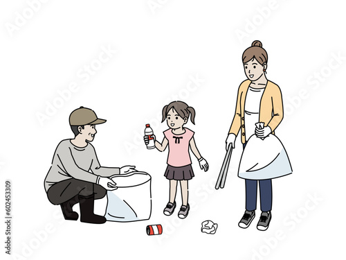 地域活動　ゴミ拾いをする人々のいイラスト