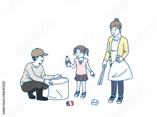 地域活動　ゴミ拾いをする人々のいイラスト