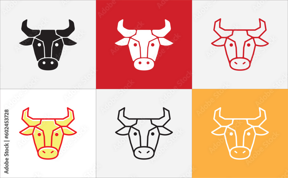 Bull head icon set. Bull market symbol vector set. Vector stock illustration in different style of flat and outline design.