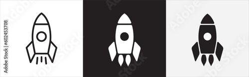 Rocket icon set. Business start up symbol. Rocket launching sign. Vector in flat and outline design style. Vector stock illustration.