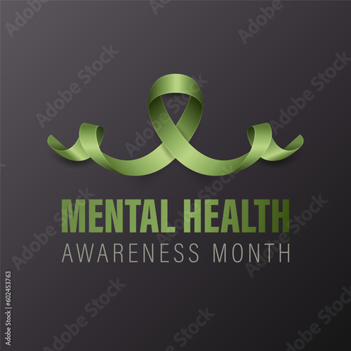 Mental Health Awareness Month Banner, Card, Placard with Vector 3d Realistic Green Ribbon on Black Background. Mental Health Awareness Month - May - Symbol Closeup. World Mental Health Day Concept