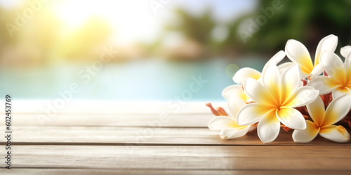 A wooden table with white frangipani flowers on the left and copy space on the right. Banner with negative space on the theme of vacation, spa, yoga and wellness.