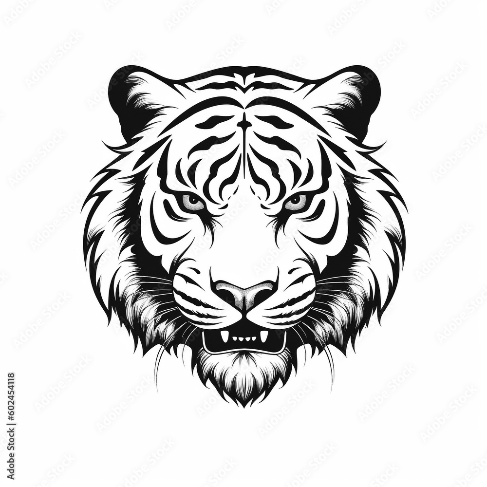 A tiger face in a black and white pattern - created with Generative AI technology A tiger face in a black and white pattern - created with Generative AI technology