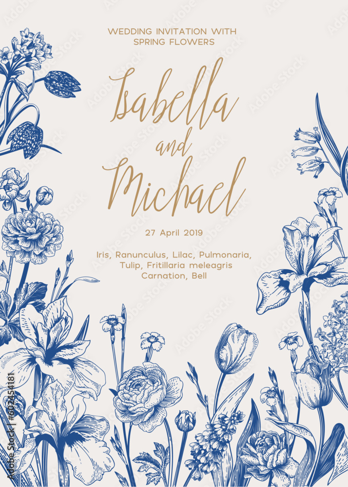 Wedding invitation card in botanical style. Vector illustration. Garden flowers. Bloom. Iris, ranunculus, bluebell, tulip, lilac. Blue.