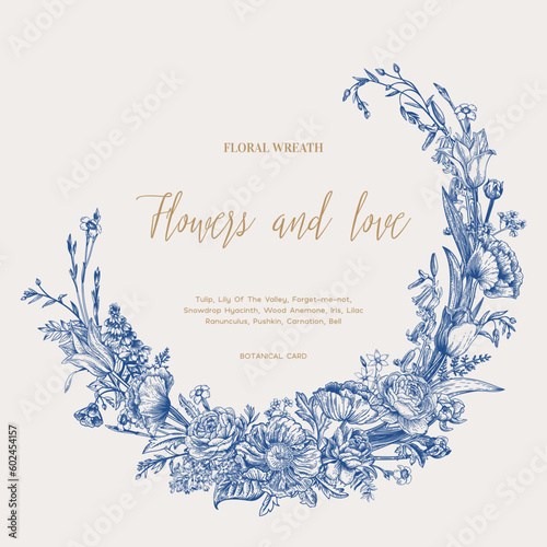 Asymmetrical herbal wreath. Blooming garden flowers. Vector botanical illustration.