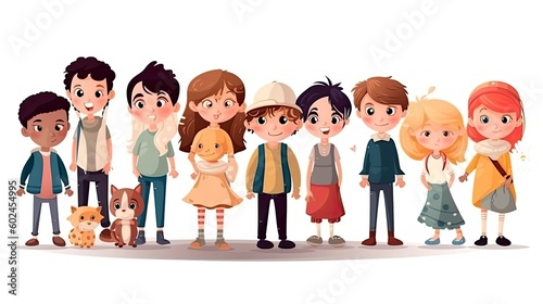 children in cartoon style concept art on a white background - generative AI