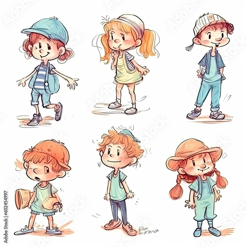 children in cartoon style concept art on a white background - generative AI