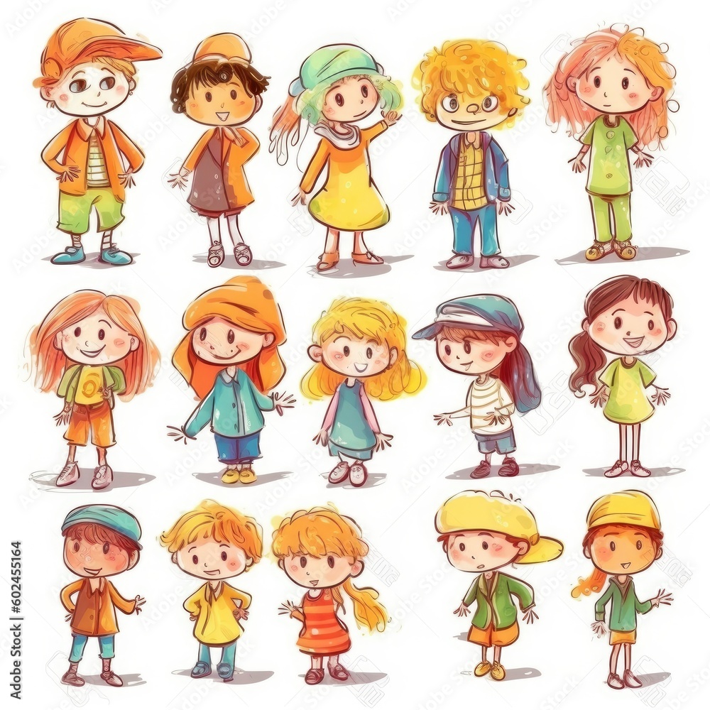children in cartoon style concept art on a white background - generative AI children in cartoon style concept art on a white background - generative AI