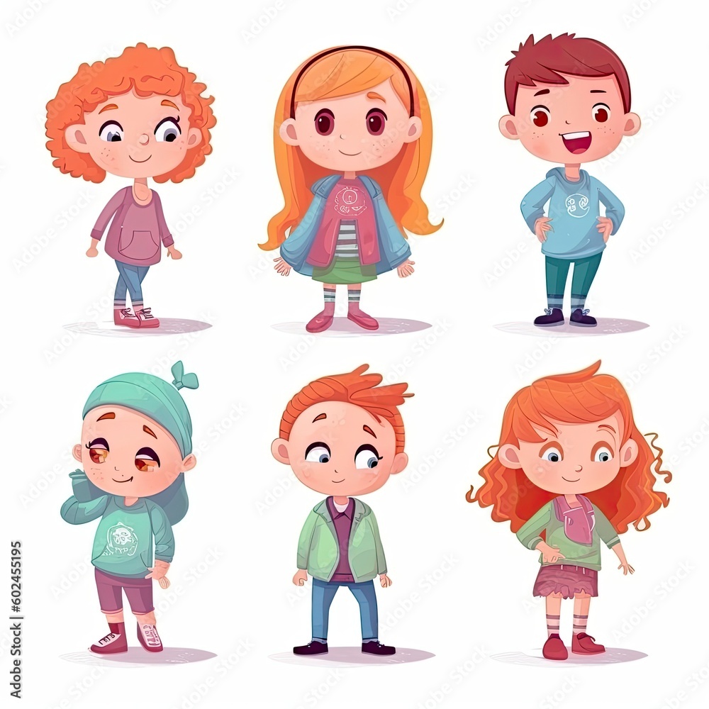children in cartoon style concept art on a white background - generative AI children in cartoon style concept art on a white background - generative AI