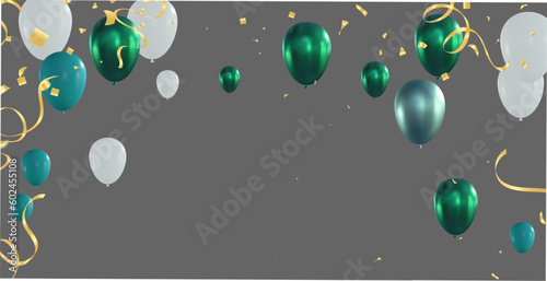 Green and silver balloons and confetti on a gray background. Vector illustration.