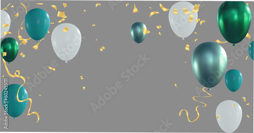 Vector illustration of blue and green balloons with golden confetti on grey background.