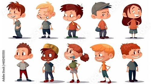 children in cartoon style concept art on a white background - generative AI