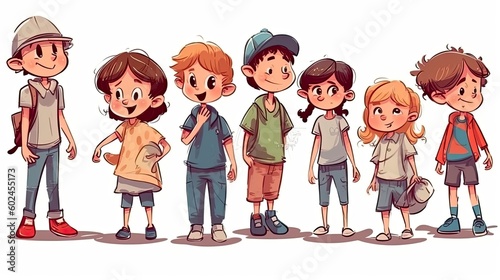 children in cartoon style concept art on a white background - generative AI