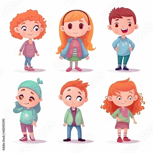 children in cartoon style concept art on a white background - generative AI