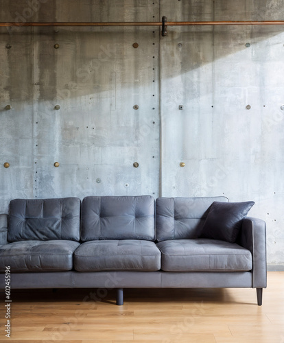 Interior design of a living room with grey long sofa and grey walls | High-resolution illustration of a living room with grey furniture and grey walls | Generative Ai | Modern and stylish living room