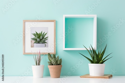 Using a mockup of a picture frame, decorate a modern space. With spider plant cuttings in water and a hand planting a succulent, a white shelf is placed against a pastel turquoise wall. Generative AI © Lasvu