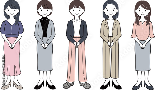 手を組んで立つ働くOLの全身女性イラストセット