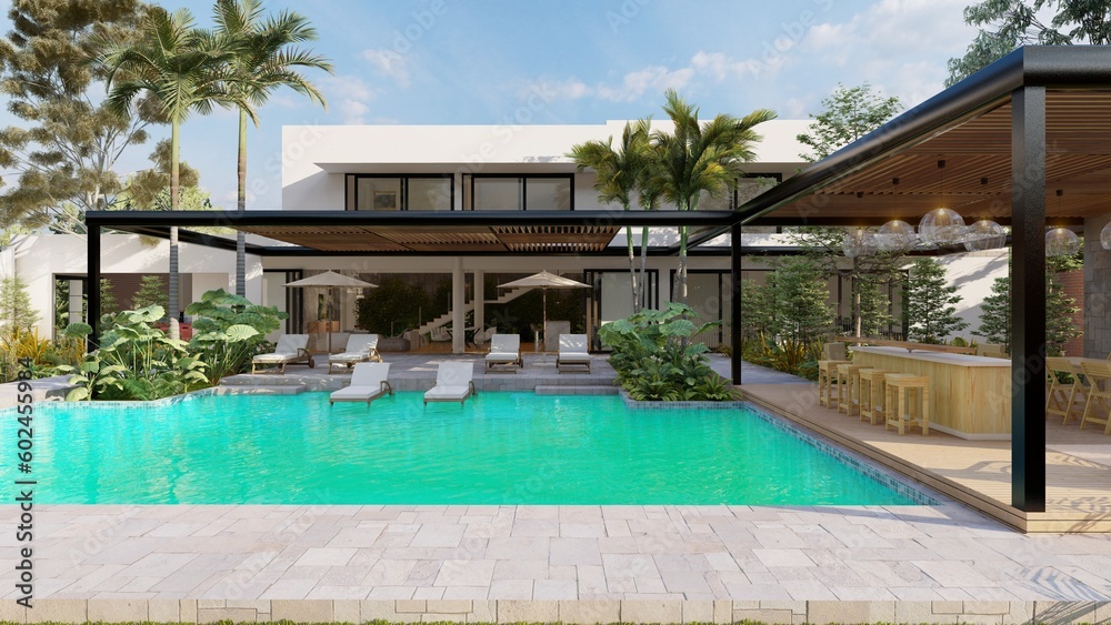 Terrace, barbecue space in a luxurious home, outdoor space, overlooking the pool and the interior of the home.