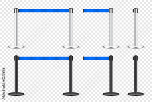Realistic blue retractable belt stanchion. Crowd control barrier posts with caution strap. Queue lines. Restriction border and danger tape. Attention, warning sign. Vector illustration