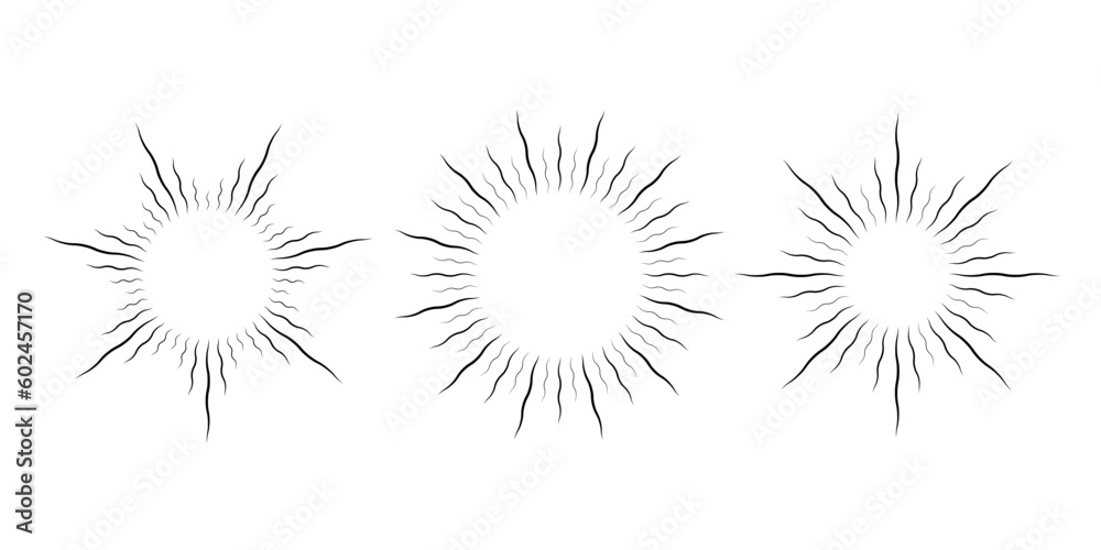 Retro curved sunburst frame set. Warped radial sunlight rays pack. Vintage wavy sunbeams design elements for logo, labels, badges, banners. Vector illustration collection Retro curved sunburst frame set. Warped radial sunlight rays pack. Vintage wavy sunbeams design elements for logo, labels, badges, banners. Vector illustration collection