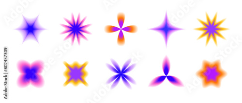 Y2k blurred gradient flowers and stars set. Blurry flower aura collection. Colorful abstract trendy elements for logo, templates, badges, stickers, collages. Vector pack 