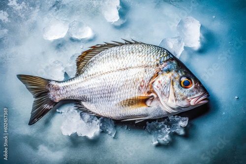 top down view of raw sea bream fish dorado in ice. space for text. generative AI